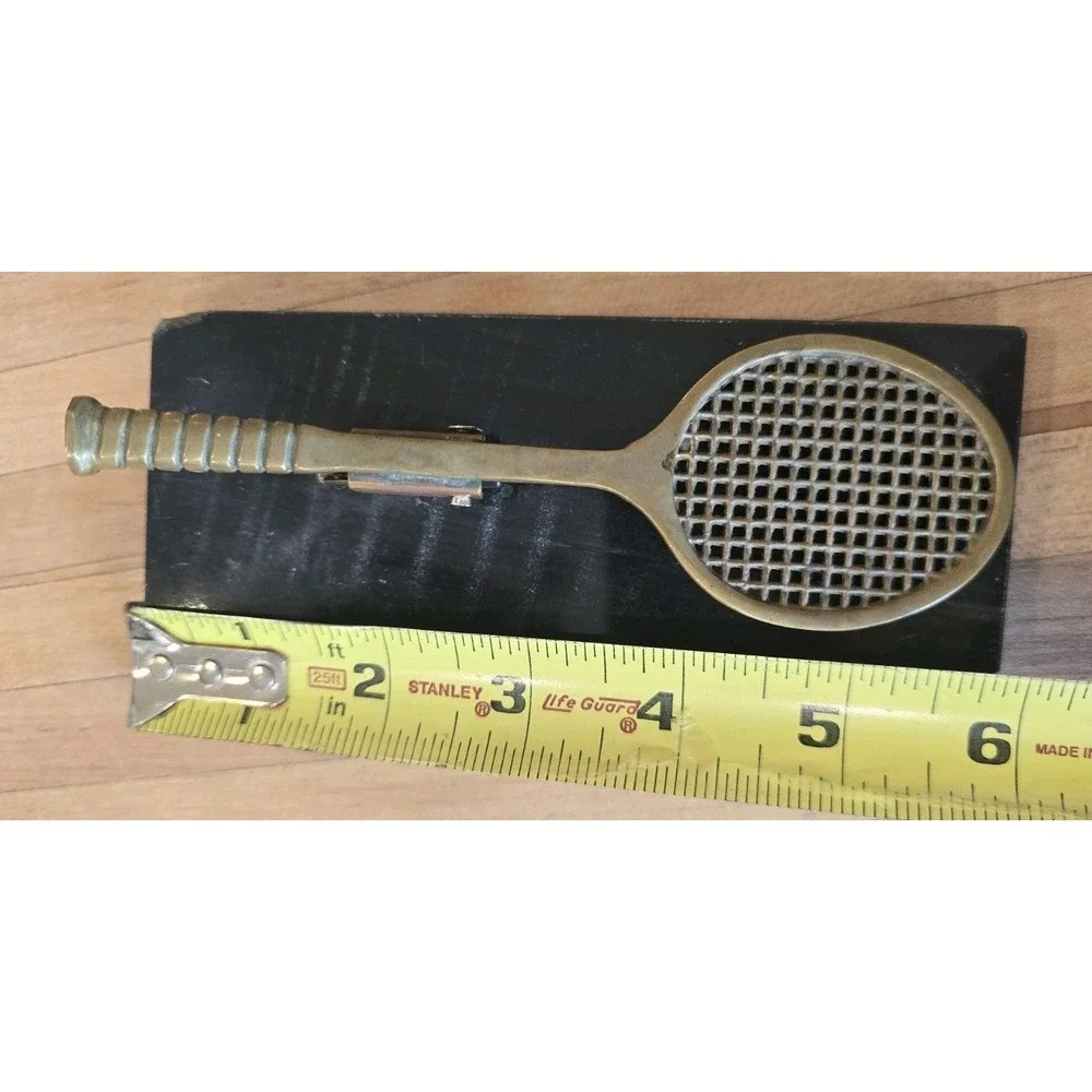 Vintage 80s Solid Brass Tennis Racket Desk Clip Letter Card Holder 6